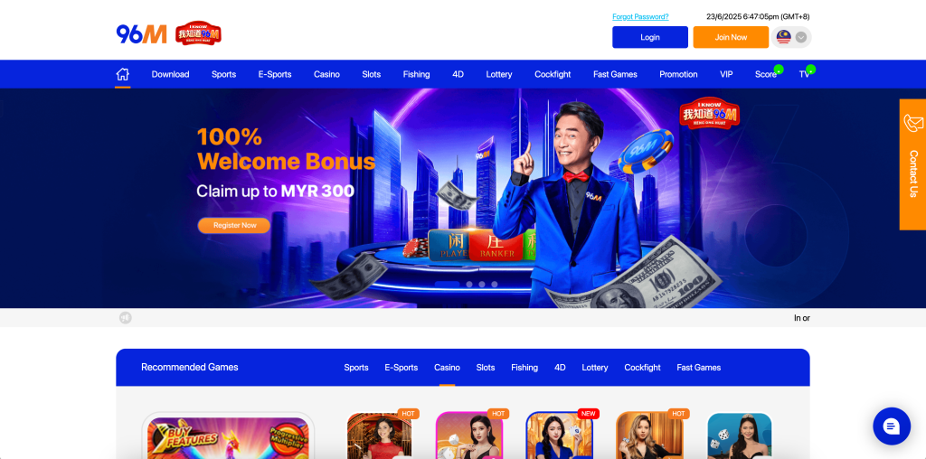 96M homepage promoting a 100% welcome bonus up to MYR 300, featuring brand ambassador in a blue suit with casino chips and floating currency graphics.