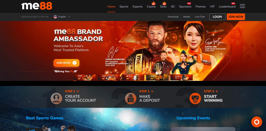 me88 homepage featuring Conor McGregor and Gaitta Yan as brand ambassadors, promoting Asia’s most trusted platform with a join now call-to-action.