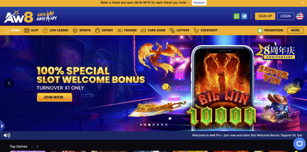 AW8 homepage promoting a 100% special slot welcome bonus with “Big Win 10000” visuals, celebrating its 8th anniversary.