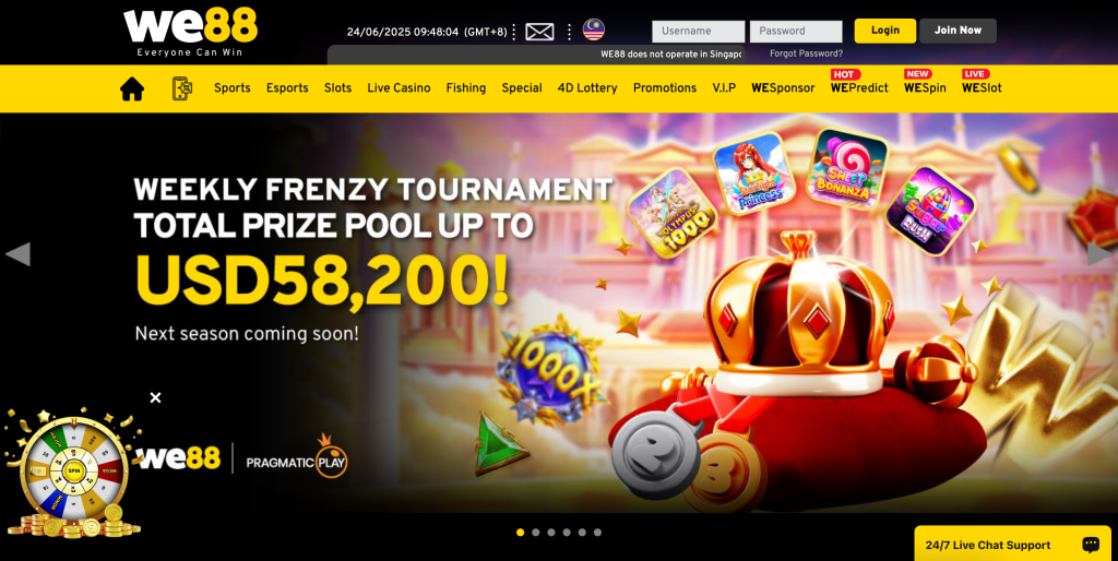 WE88 homepage promoting a weekly tournament with a USD 58,200 prize pool, featuring slot game icons and Pragmatic Play branding.