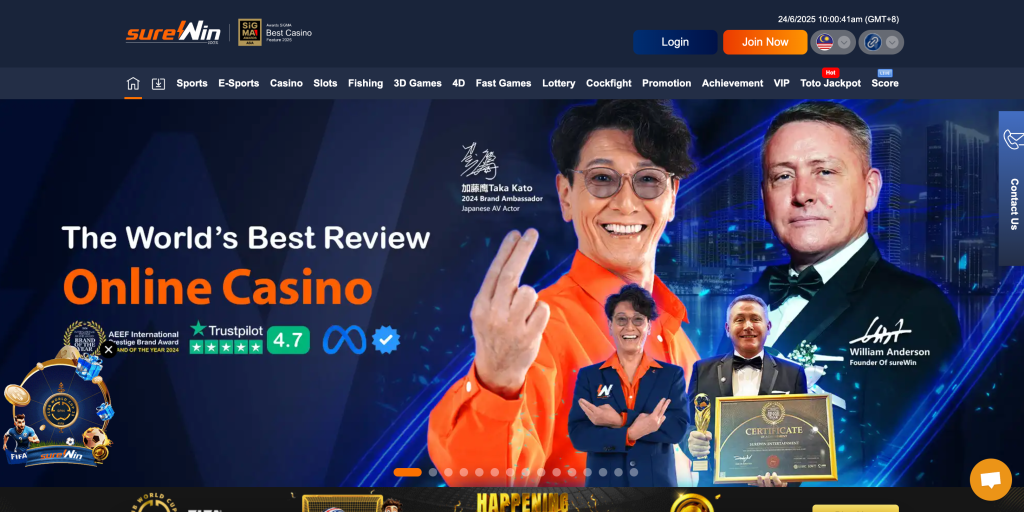 SureWin homepage featuring Taka Kato as 2024 brand ambassador with a 4.7 Trustpilot rating and SiGMA Best Casino award badge.