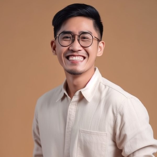 A young man with black hair and round glasses smiles broadly while wearing a light beige button-up shirt against a solid tan background