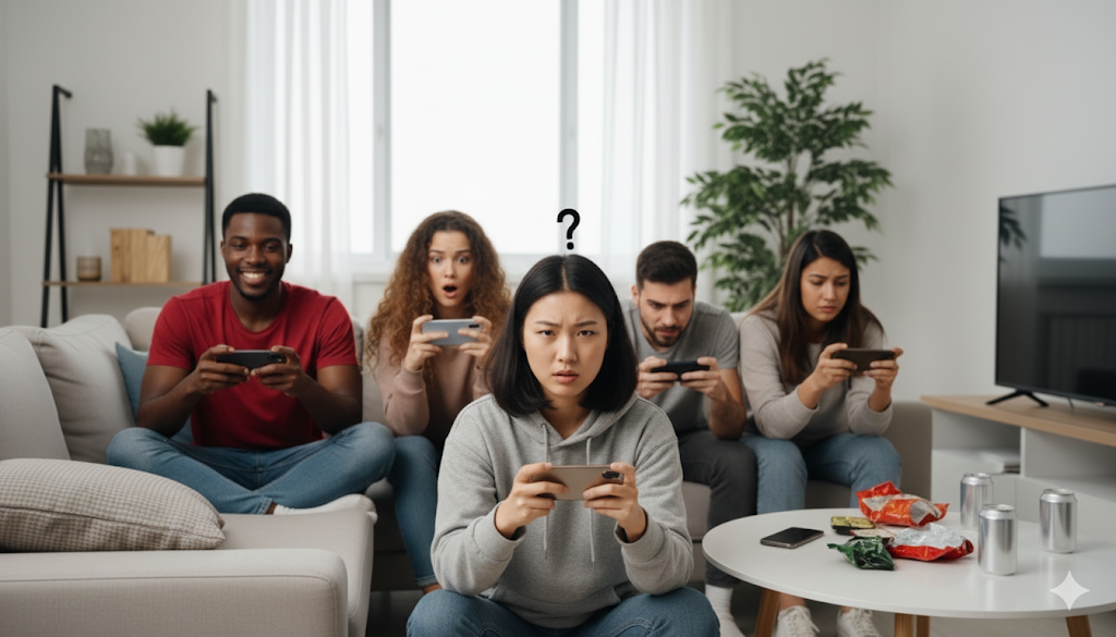 group of friends playing mobile games
