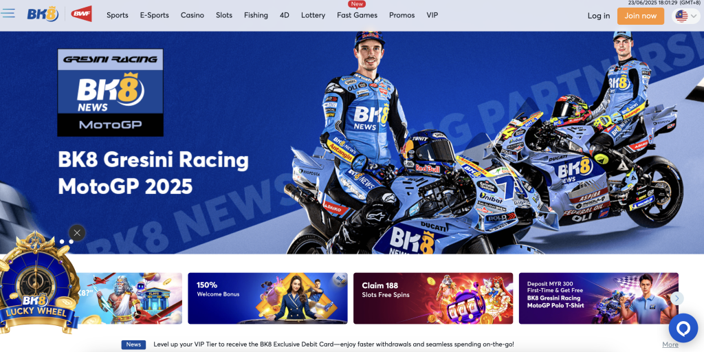 BK8 online casino Malaysia homepage highlighting its 2025 MotoGP sponsorship with Gresini Racing, featuring two riders in BK8-branded racing suits beside their motorcycles.