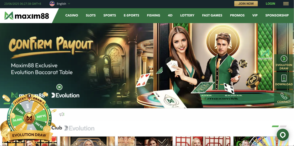 Maxim88 homepage showcasing an exclusive Evolution Baccarat table with “Confirm Payout” promo and two dealers at a green casino table.